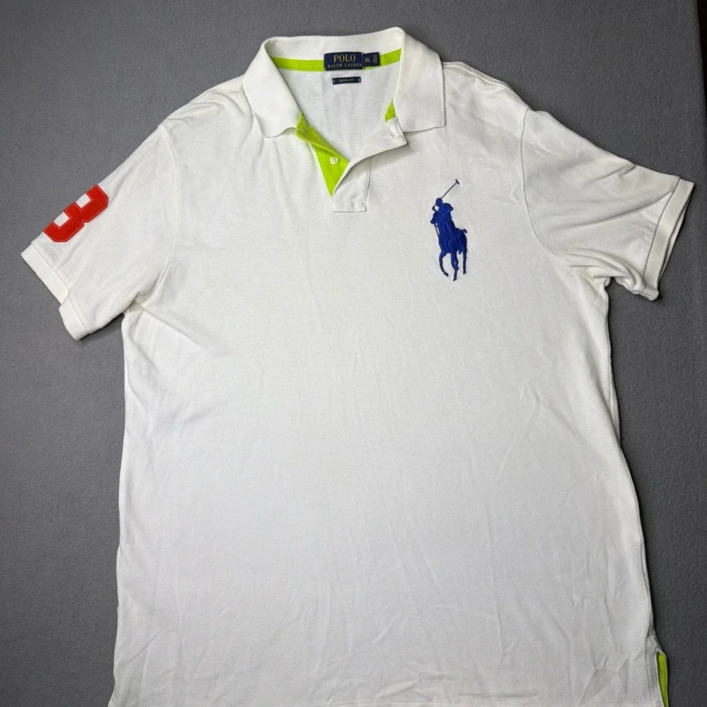Polo Ralph Lauren Polo Shirt Mens XL White Big Pony Custom Fit Neon Trim 3 Patch